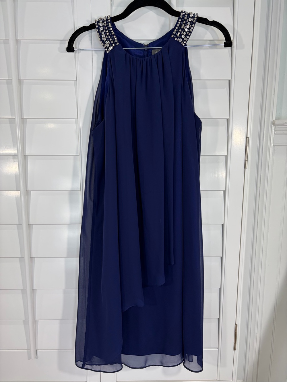 Vince Camuto Cobalt Blue Beaded Shoulder Chiffon Party Dress (10)